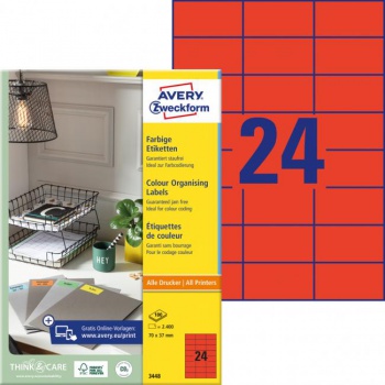 Etikety farebné 70x37mm Avery A4 100 hárkov červené 