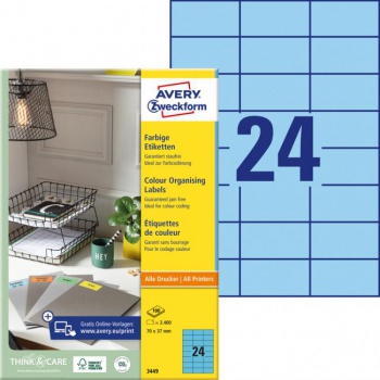 Etikety farebné 70x37mm Avery A4 100 hárkov modré 