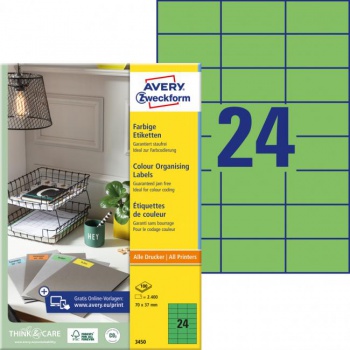 Etikety farebné 70x37mm Avery A4 100 hárkov zelené 