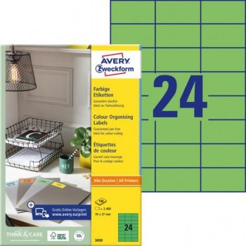 Etikety farebné 70x37mm Avery A4 100 hárkov zelené