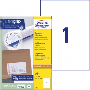 Etikety univerzálne 210x297mm Avery A4 100 hárkov 