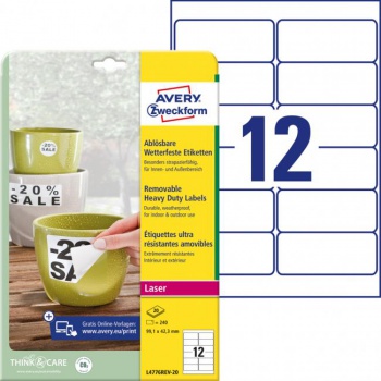 Etikety polyesterové veľmi odolné 99,1x42,3mm Avery A4 biele odnímateľné 20 hárkov 
