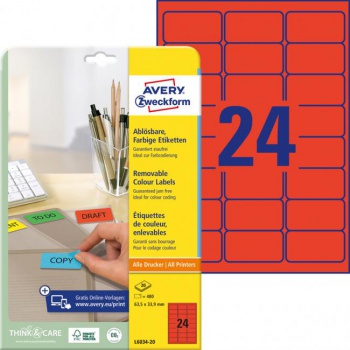Etikety Avery odnímateľné 63,5x33,9 mm, červené 