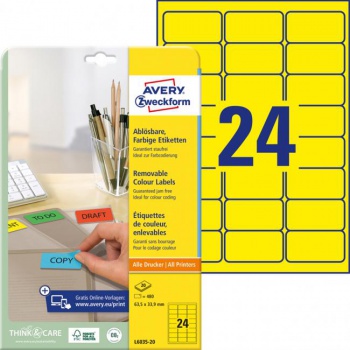 Etikety Avery odnímateľné 63,5x33,9 mm, žlté 