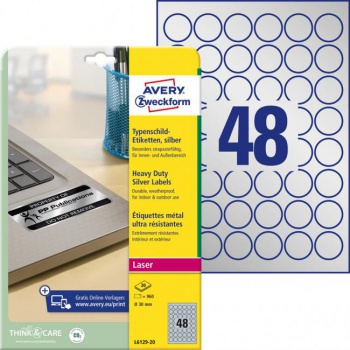 Etikety polyesterové veľmi odolné kruhové priemer 30mm Avery A4 strieborné 20 hárkov 