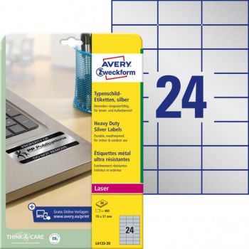 Etikety polyesterové veľmi odolné 70x37mm Avery A4 strieborné 20 hárkov 
