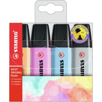 Sada zvýrazňovačov STABILO BOSS ORIGINAL Pastel 4S Pastelová oranžová, svieža modrá, fuchsiová, šedá 