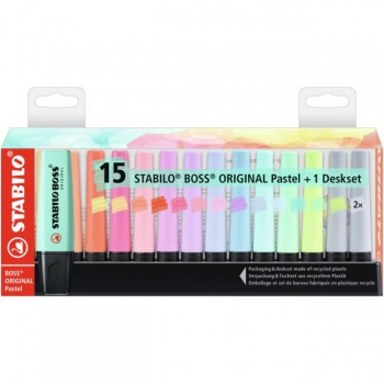 Sada zvýrazňovačov STABILO BOSS ORIGINAL Pastel 15 ks Stolný set so 14 rôznymi farbami 