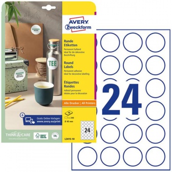 Etikety univerzálne kruhové 40mm Avery A4 10 hárkov 