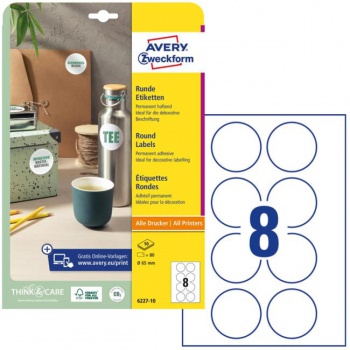 Etikety univerzálne kruhové 65mm Avery A4 10 hárkov 