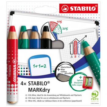 Sada STABILO MARKdry na tabuľu a flipchart 4f so strúhadlom a utierkou 