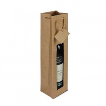Papierová taška na víno s okienkom hnedá, bavlnené ušká (1ks)