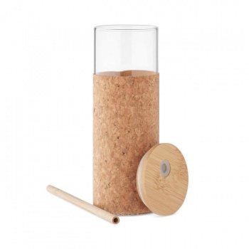 DARČEK: Pohár sklenený s bambusovým krytom a slamkou 450 ml 
