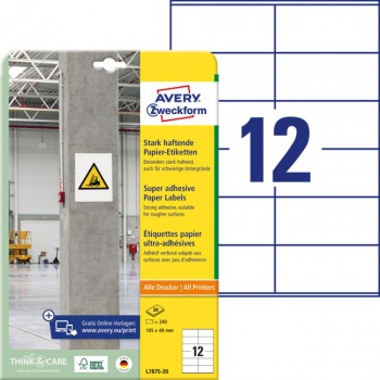 Etikety univerzálne 105x48mm Avery A4, silne lepivé 20 hárkov 