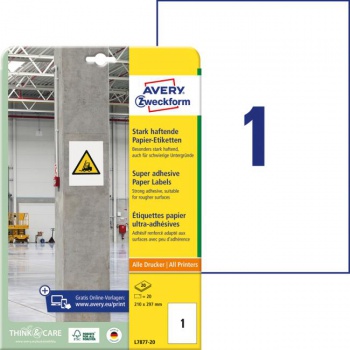 Etikety univerzálne 210x297mm Avery A4, silne lepivé 20 hárkov 