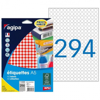 Etikety kruhové 8mm Agipa A5 červené 