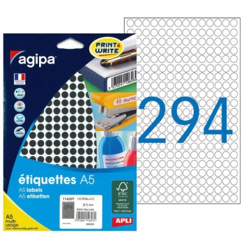 Etikety kruhové 8mm Agipa A5 čierne 