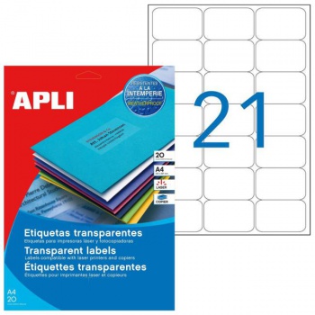 Etikety polyesterové priehľadné 63,5x38,1mm APLI A4 laser 20 hárkov 