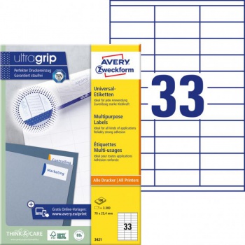 Etikety univerzálne 70x25,4mm Avery A4 100 hárkov 