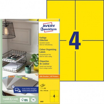 Etikety farebné 105x148mm Avery A4 100 hárkov žlté 