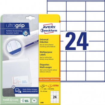 Etikety univerzálne 70x36mm Avery A4 25+5 hárkov 