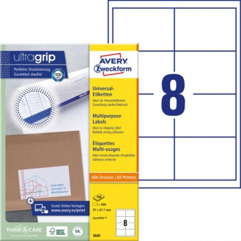 Etikety univerzálne 97x67,7mm Avery A4 100 hárkov 
