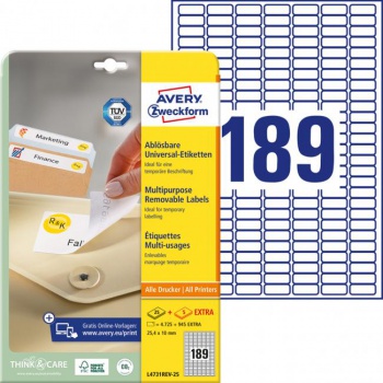 Etikety univerzálne odnímateľné 25,4x10mm Avery A4 25+5 hárkov 