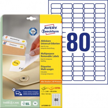 Etikety univerzálne odnímateľné 35,6x16,9mm Avery A4 25+5 hárkov 