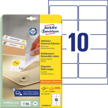 Etikety univerzálne odnímateľné 96x50,8mm Avery A4 25+5 hárkov 