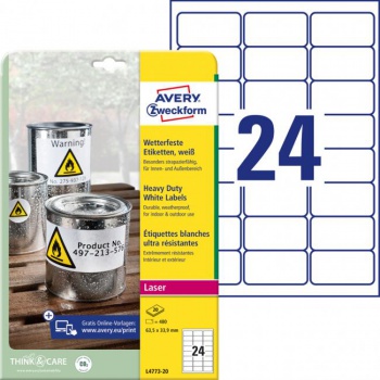 Etikety polyesterové veľmi odolné 63,5x33,9mm Avery A4 biele 20 hárkov 