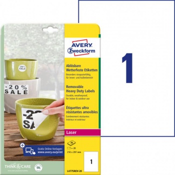 Etikety polyesterové veľmi odolné 210x297mm Avery A4 biele odnímateľné 20 hárkov 