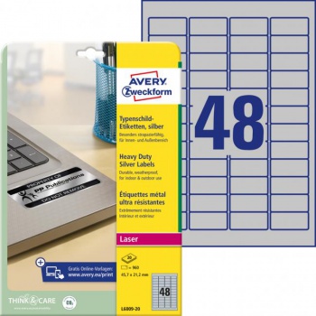 Etikety polyesterové veľmi odolné 45,7x21,2mm Avery A4 strieborné 20 hárkov 