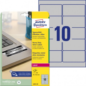 Etikety polyesterové veľmi odolné 96x50,8mm Avery A4 strieborné 20 hárkov 