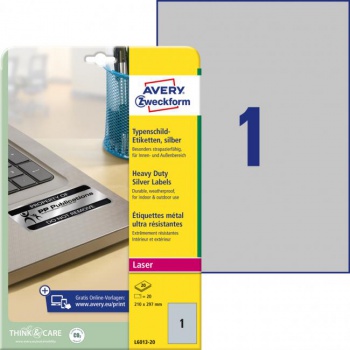 Etikety polyesterové veľmi odolné 210x297mm Avery A4 strieborné 20 hárkov 