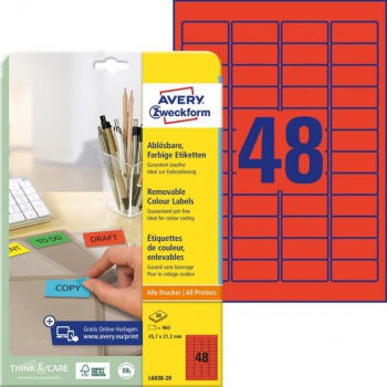Etikety Avery odnímateľné 45,7x21,2 mm červené 