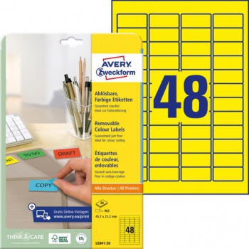 Etikety Avery odnímateľné 45,7x21,2 mm, žlté 