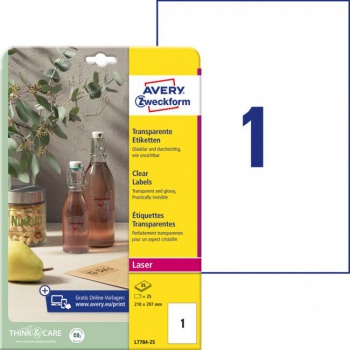 Etikety polyesterové veľmi odolné 210x297mm Avery A4 25 hárkov priehľadné 