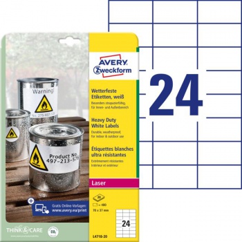 Etikety polyesterové veľmi odolné 70x37mm Avery A4 biele 20 hárkov 