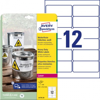 Etikety polyesterové veľmi odolné 99,1x42,3mm Avery A4 biele 20 hárkov 