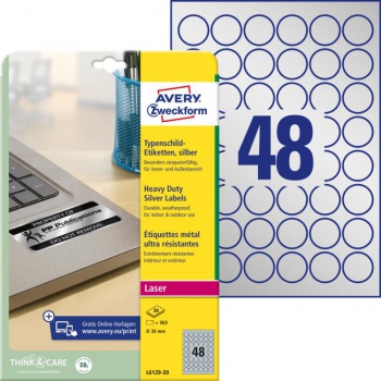 Etikety polyesterové veľmi odolné kruhové priemer 30mm Avery A4 strieborné 20 hárkov 