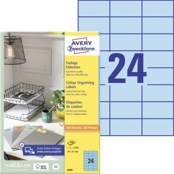 Etikety farebné 70x37mm Avery A4 100 hárkov modré 