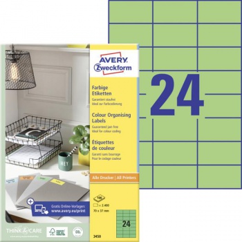 Etikety farebné 70x37mm Avery A4 100 hárkov zelené 