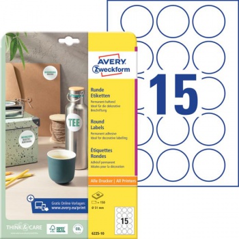 Etikety univerzálne kruhové 51mm Avery A4 10 hárkov 