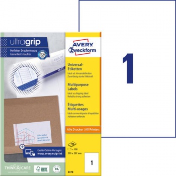 Etikety univerzálne 210x297mm Avery A4 100 hárkov 