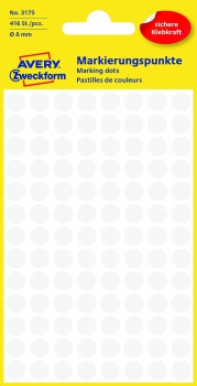 Samolepiace guľaté etikety Avery Zweckform - biela, priemer 8 mm, 416 ks