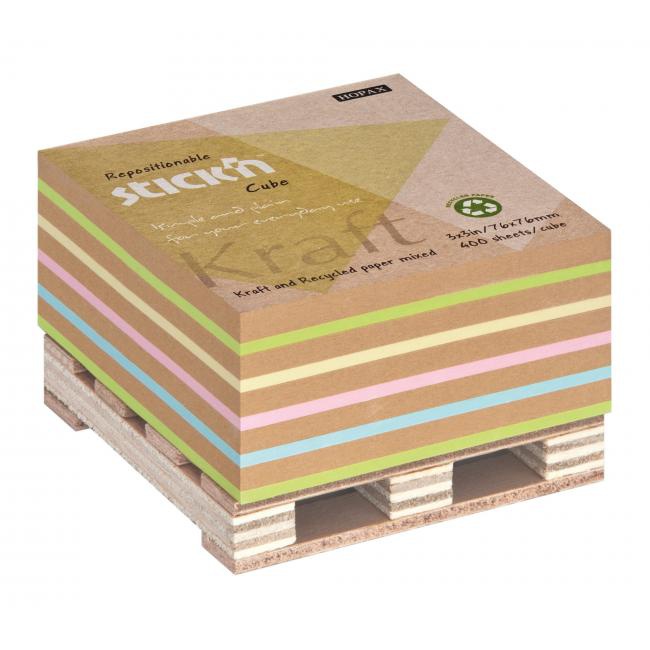 Samolepiaci bloček Stick`n Hopax na paletke 76x76mm 400 lístkov mix Kraft a pastel