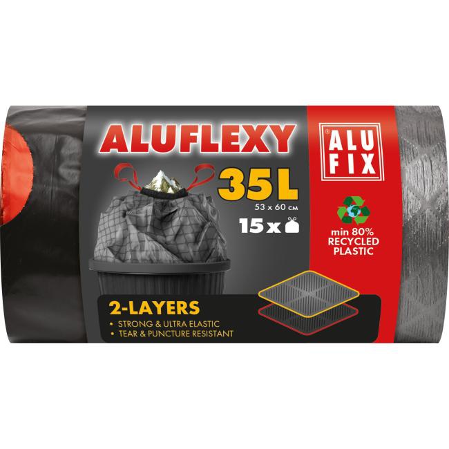 Alufix Vrecia na odpadky zaťahovacie 35 l / 15 ks, 28mic., LDPE 2 vrstvové, 53 x 60 cm, sivo-čierne